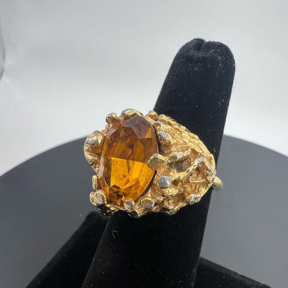 ART NOUVEAU-INSPIRED ORANGE CITRINE RING Gold Overlay Large Stone Size 5.5 Women